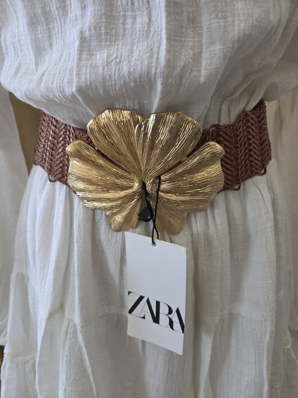 Zara Gold Flower Buckle Braided Brown Waist Belt